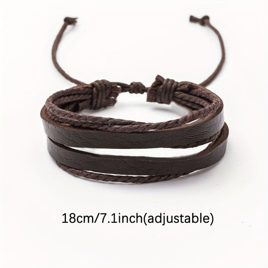 Men’s Multi-Layer Leather & Wooden Bead Bracelet Set – 4-Piece Fashion Accessory