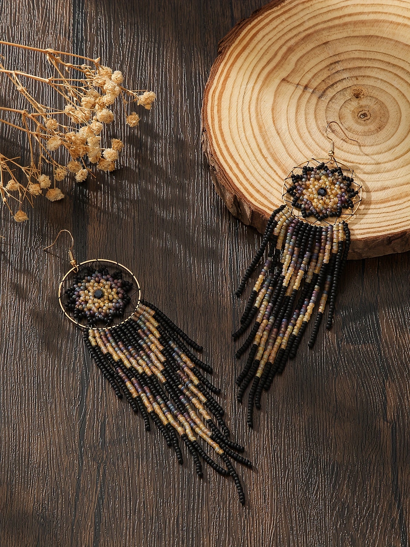 Handmade Gothic Bohemian Beaded Earrings – Black Circle Dangle with Wide Fringe, Elegant Drop Earrings for Women, Vintage Boho Jewelry for Everyday & Special Occasions