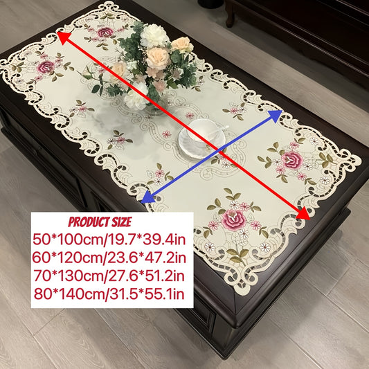 Handmade Floral Embroidered Tablecloth – Elegant White Cotton with Lace Trim