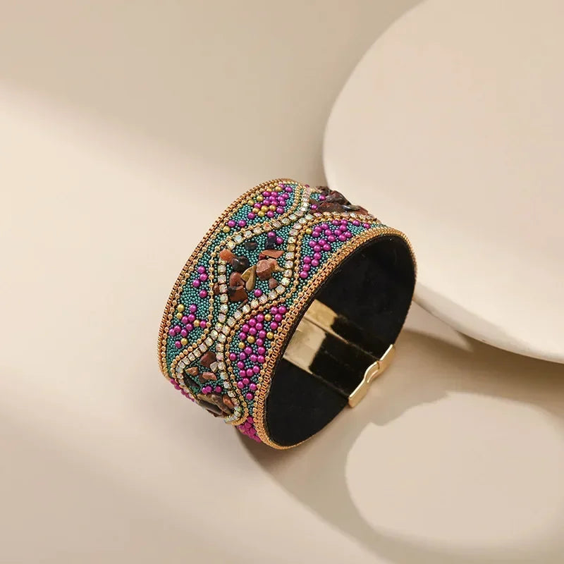 Handmade Indian Boho Bracelet – Rhinestone Cuff with Bohemian Charm
