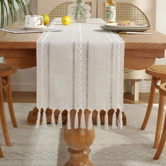 Off-White Boho Tassel Tablecloth – Handmade Cotton Linen for Dining or Coffee Tables
