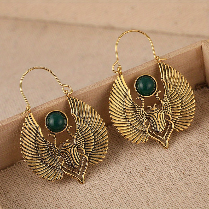Vintage Egyptian Winged Scarab Hoop Earrings – Gold Tone with Green Gemstone Accent