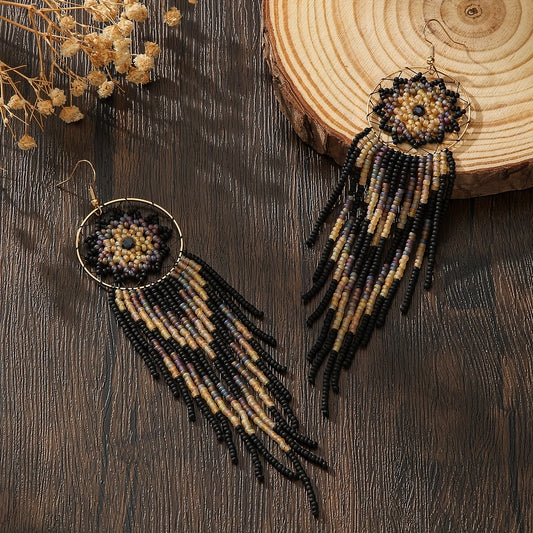 Handmade Gothic Bohemian Beaded Earrings – Black Circle Dangle with Wide Fringe, Elegant Drop Earrings for Women, Vintage Boho Jewelry for Everyday & Special Occasions