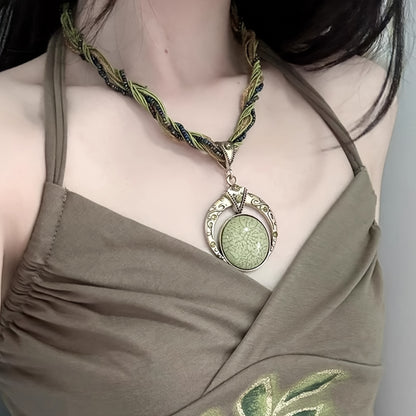 Boho Chic Round Pendant Necklace – Woven Beads & Gold Detail, Versatile for Any Occasion