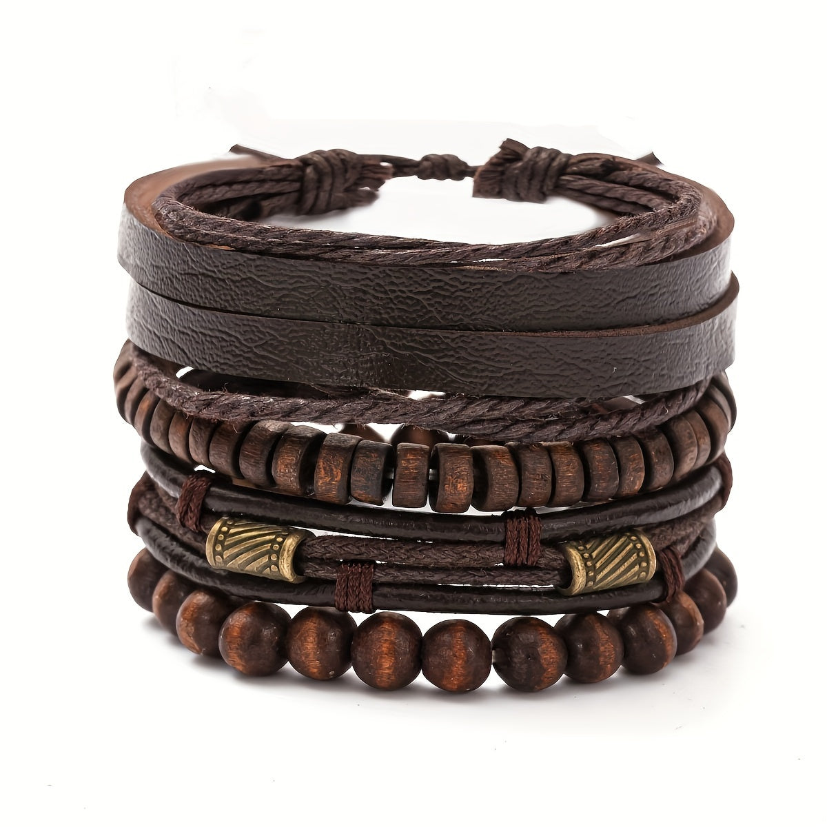 Men’s Multi-Layer Leather & Wooden Bead Bracelet Set – 4-Piece Fashion Accessory