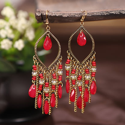 Handmade Boho Crystal Beaded Tassel Earrings – Long Teardrop Dangle Vintage Jewelry for Women