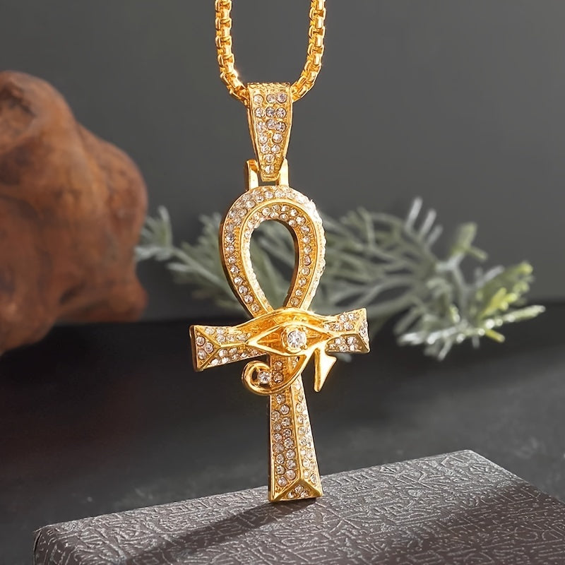 Ankh Eye of Horus Pendant Necklace with Cubic Zirconia Accents – Gold & Silver Tone Symbolic Statement Jewelry