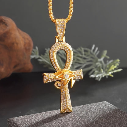 Ankh Eye of Horus Pendant Necklace with Cubic Zirconia Accents – Gold & Silver Tone Symbolic Statement Jewelry