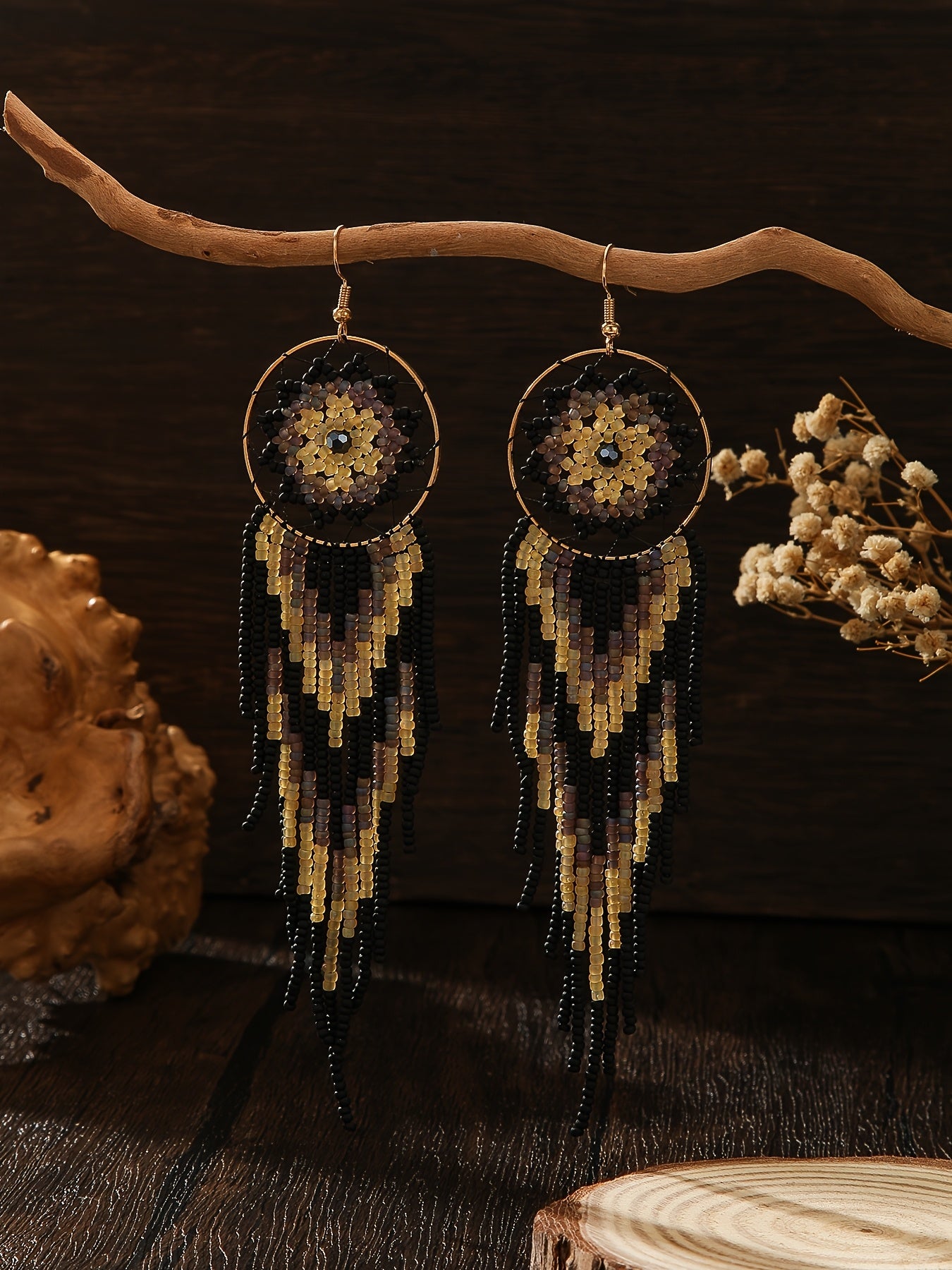 Handmade Gothic Bohemian Beaded Earrings – Black Circle Dangle with Wide Fringe, Elegant Drop Earrings for Women, Vintage Boho Jewelry for Everyday &amp; Special Occasions