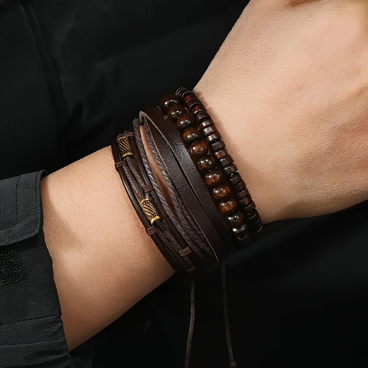Men’s Multi-Layer Leather & Wooden Bead Bracelet Set – 4-Piece Fashion Accessory