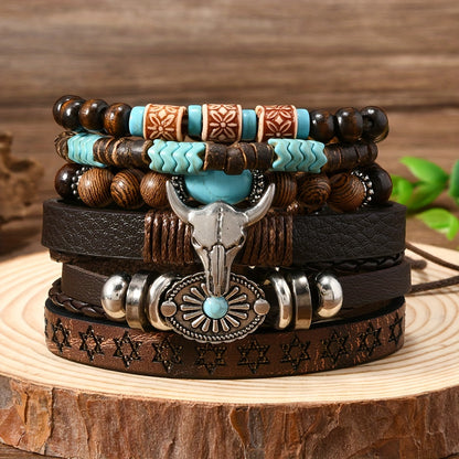 Men’s 6-Piece Stacked Bracelet Set – Leather, Wood Beads & Bull Head Charm, Vintage Western Style