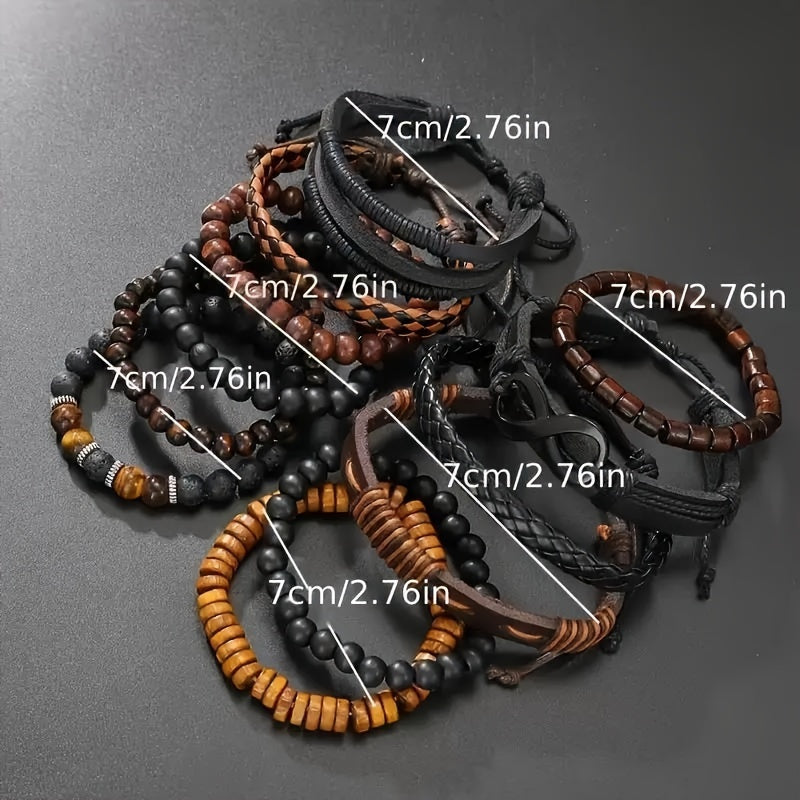 12-Piece Men’s Leather & Beaded Bracelet Set for Casual and Stylish Outfits