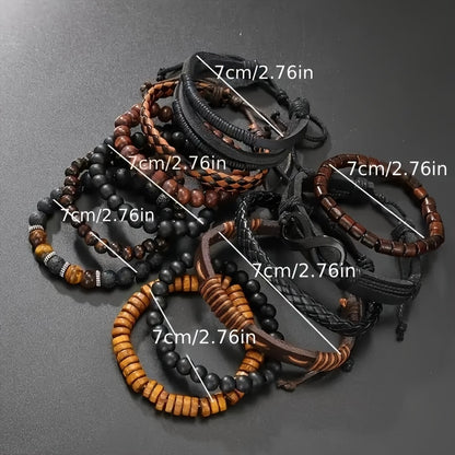 12-Piece Men’s Leather & Beaded Bracelet Set for Casual and Stylish Outfits
