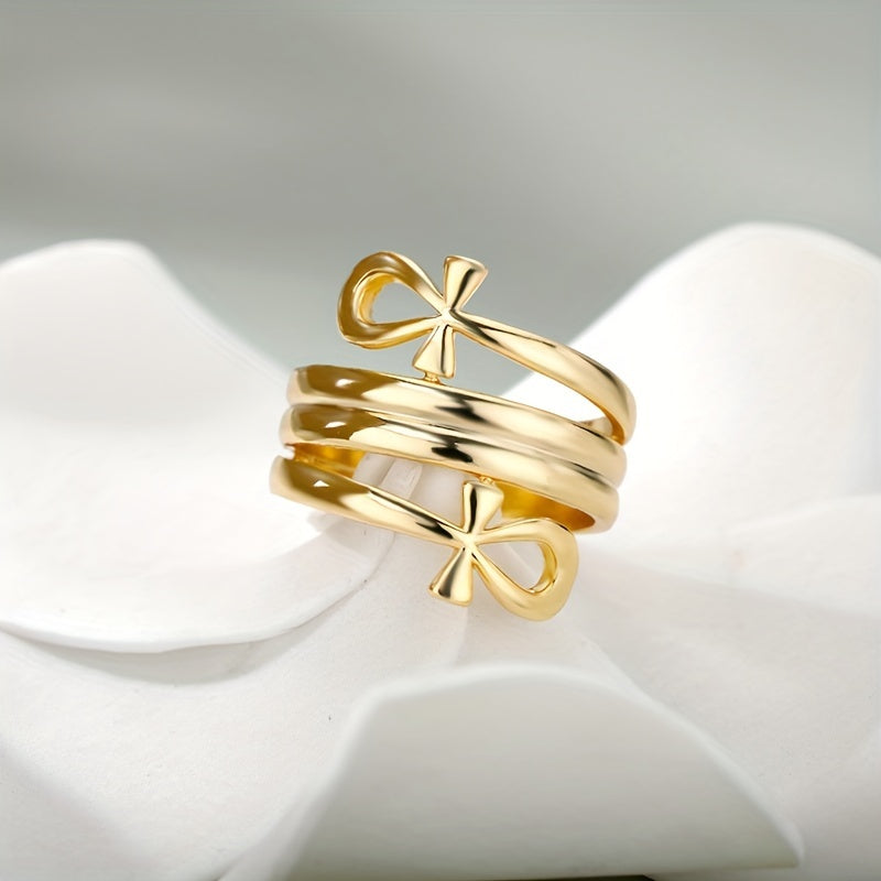 Egyptian Ankh Multi-Layer Ring – 18K Gold Plated Copper, Unisex Vintage Band