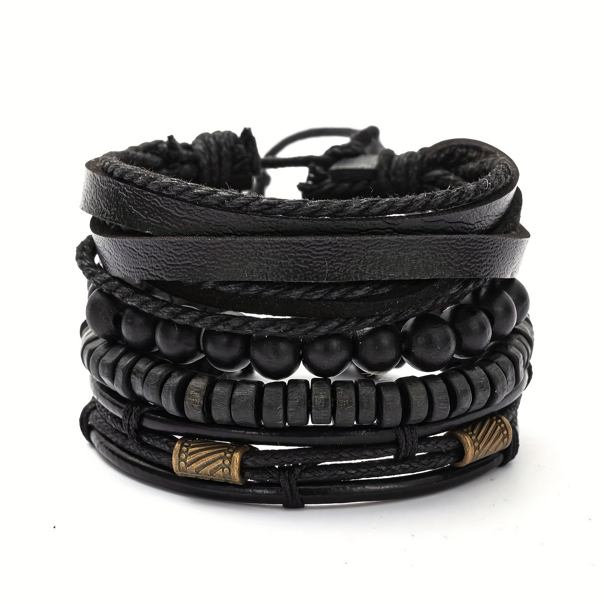 Men’s Multi-Layer Leather & Wooden Bead Bracelet Set – 4-Piece Fashion Accessory