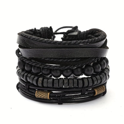 Men’s Multi-Layer Leather & Wooden Bead Bracelet Set – 4-Piece Fashion Accessory
