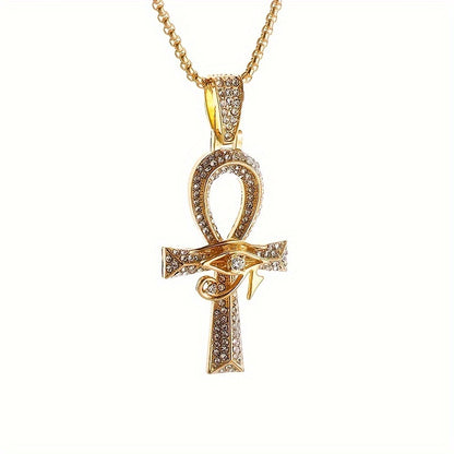 Ankh Eye of Horus Pendant Necklace with Cubic Zirconia Accents – Gold & Silver Tone Symbolic Statement Jewelry