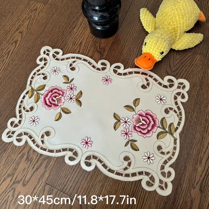 Handmade Floral Embroidered Tablecloth – Elegant White Cotton with Lace Trim