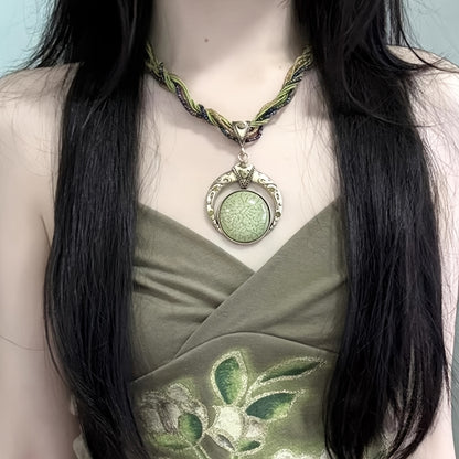 Boho Chic Round Pendant Necklace – Woven Beads & Gold Detail, Versatile for Any Occasion