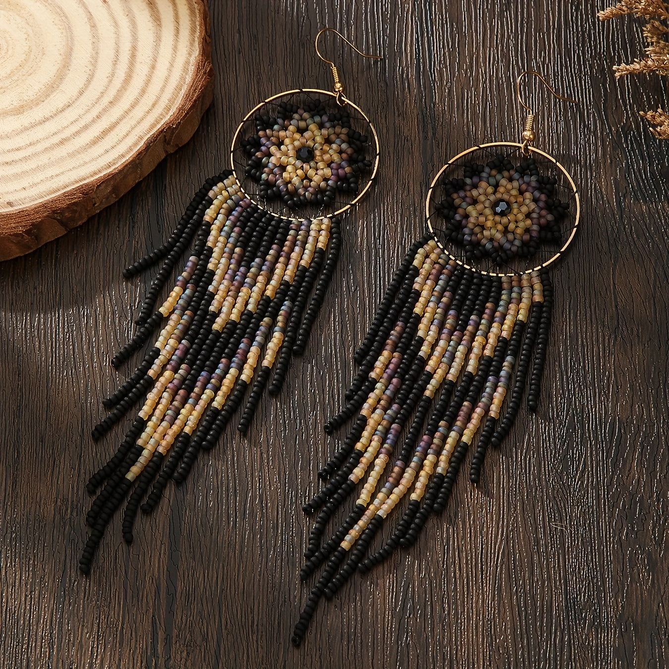 Handmade Gothic Bohemian Beaded Earrings – Black Circle Dangle with Wide Fringe, Elegant Drop Earrings for Women, Vintage Boho Jewelry for Everyday &amp; Special Occasions