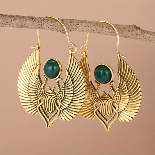 Vintage Egyptian Winged Scarab Hoop Earrings – Gold Tone with Green Gemstone Accent