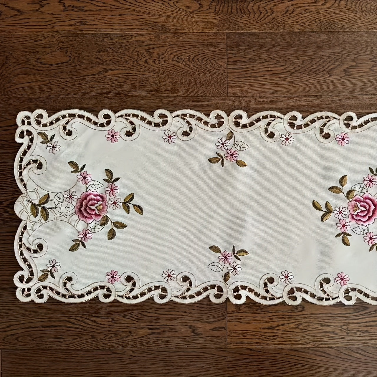 Handmade Floral Embroidered Tablecloth – Elegant White Cotton with Lace Trim