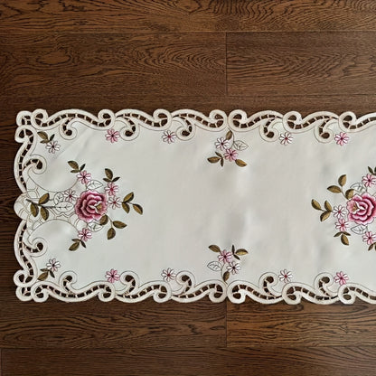 Handmade Floral Embroidered Tablecloth – Elegant White Cotton with Lace Trim