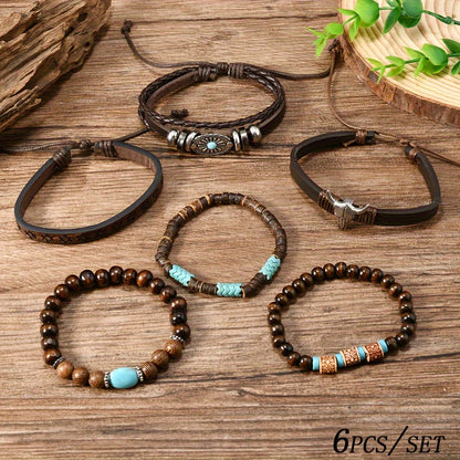 Men’s 6-Piece Stacked Bracelet Set – Leather, Wood Beads & Bull Head Charm, Vintage Western Style