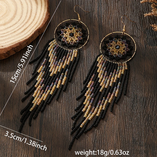 Handmade Gothic Bohemian Beaded Earrings – Black Circle Dangle with Wide Fringe, Elegant Drop Earrings for Women, Vintage Boho Jewelry for Everyday &amp; Special Occasions