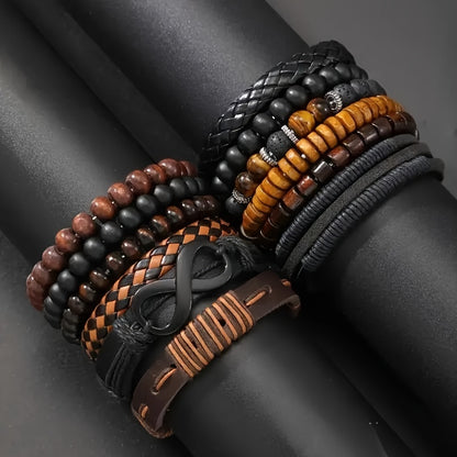 12-Piece Men’s Leather & Beaded Bracelet Set for Casual and Stylish Outfits