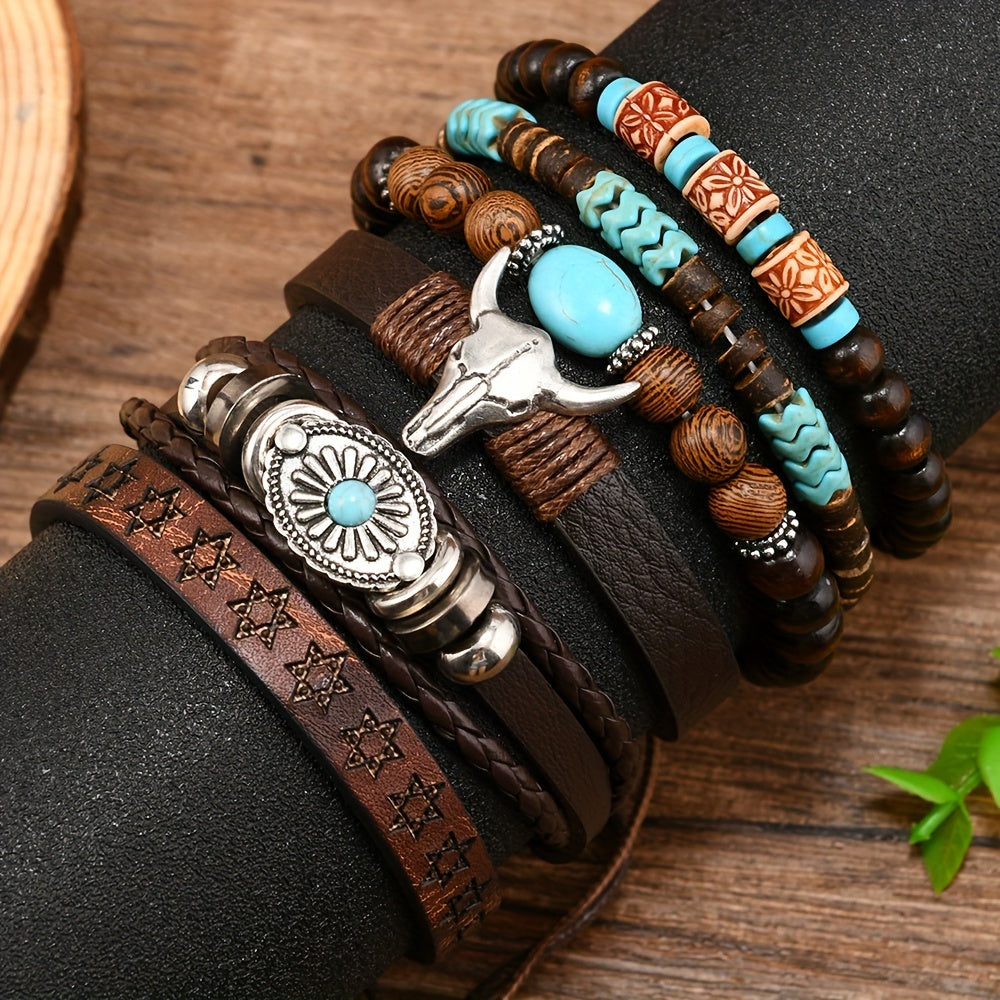 Men’s 6-Piece Stacked Bracelet Set – Leather, Wood Beads & Bull Head Charm, Vintage Western Style
