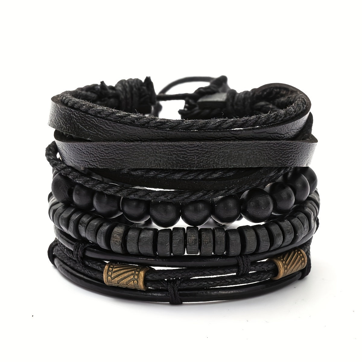 Men’s Multi-Layer Leather & Wooden Bead Bracelet Set – 4-Piece Fashion Accessory