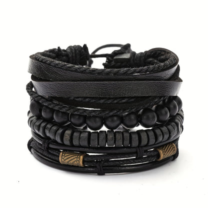 Men’s Multi-Layer Leather & Wooden Bead Bracelet Set – 4-Piece Fashion Accessory