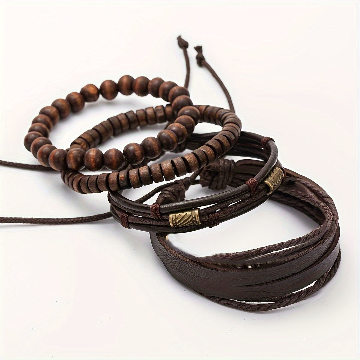 Men’s Multi-Layer Leather & Wooden Bead Bracelet Set – 4-Piece Fashion Accessory