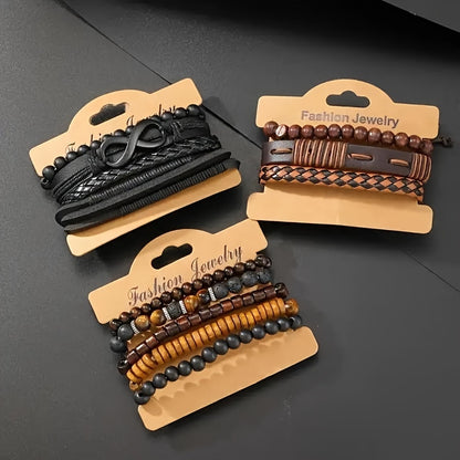 12-Piece Men’s Leather & Beaded Bracelet Set for Casual and Stylish Outfits