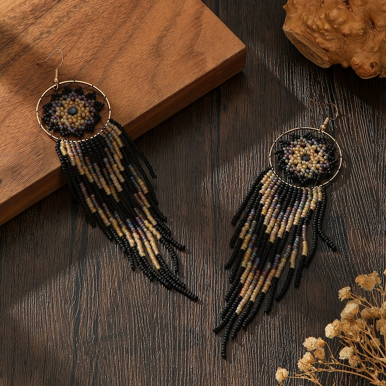 Handmade Gothic Bohemian Beaded Earrings – Black Circle Dangle with Wide Fringe, Elegant Drop Earrings for Women, Vintage Boho Jewelry for Everyday &amp; Special Occasions