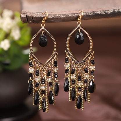 Handmade Boho Crystal Beaded Tassel Earrings – Long Teardrop Dangle Vintage Jewelry for Women