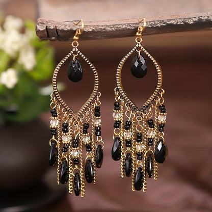 Handmade Boho Crystal Beaded Tassel Earrings – Long Teardrop Dangle Vintage Jewelry for Women