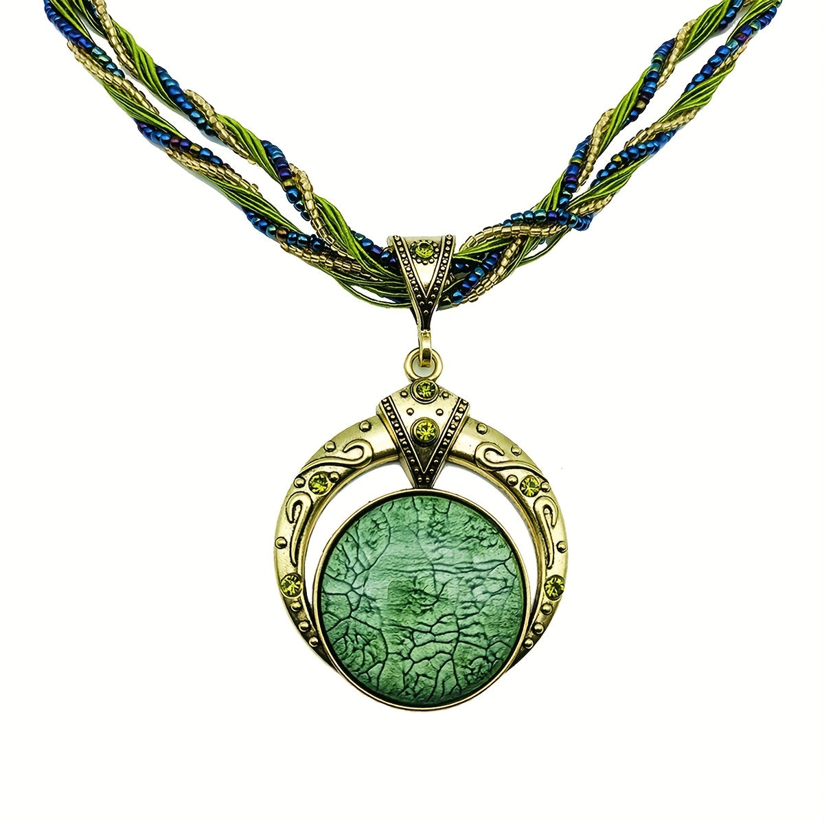 Boho Chic Round Pendant Necklace – Woven Beads & Gold Detail, Versatile for Any Occasion