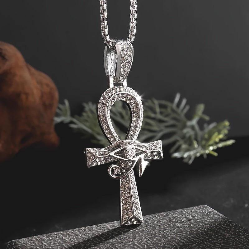 Ankh Eye of Horus Pendant Necklace with Cubic Zirconia Accents – Gold & Silver Tone Symbolic Statement Jewelry