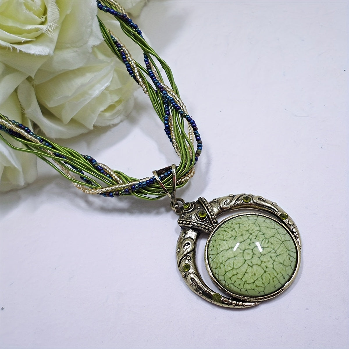 Boho Chic Round Pendant Necklace – Woven Beads & Gold Detail, Versatile for Any Occasion