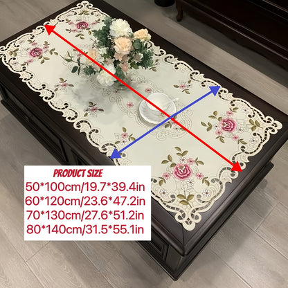 Handmade Floral Embroidered Tablecloth – Elegant White Cotton with Lace Trim