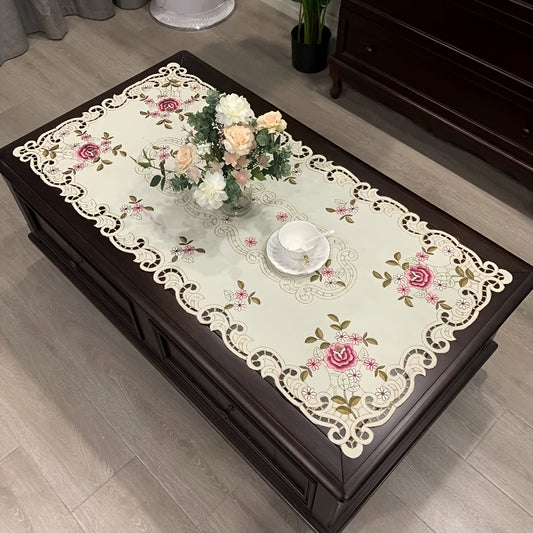 Handmade Floral Embroidered Tablecloth – Elegant White Cotton with Lace Trim