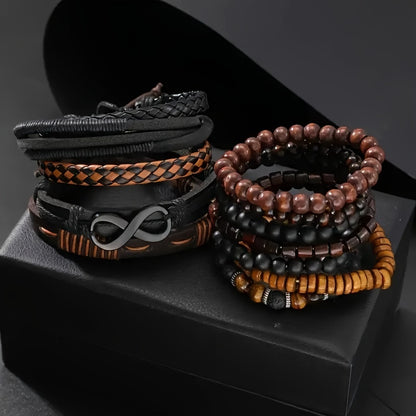 12-Piece Men’s Leather & Beaded Bracelet Set for Casual and Stylish Outfits
