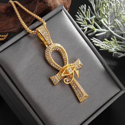 Ankh Eye of Horus Pendant Necklace with Cubic Zirconia Accents – Gold & Silver Tone Symbolic Statement Jewelry