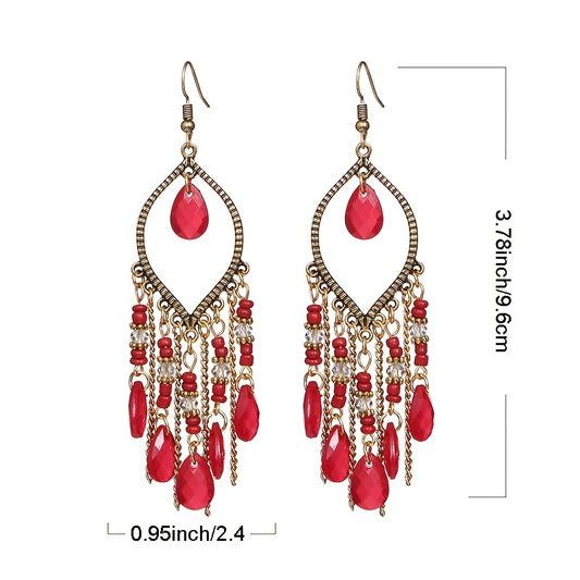 Handmade Boho Crystal Beaded Tassel Earrings – Long Teardrop Dangle Vintage Jewelry for Women