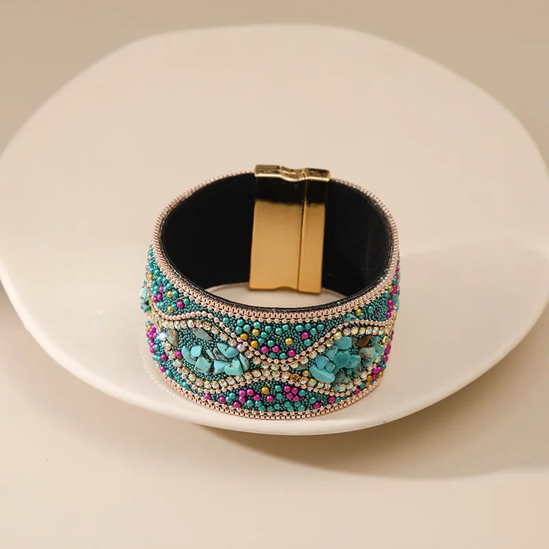 Handmade Indian Boho Bracelet – Rhinestone Cuff with Bohemian Charm