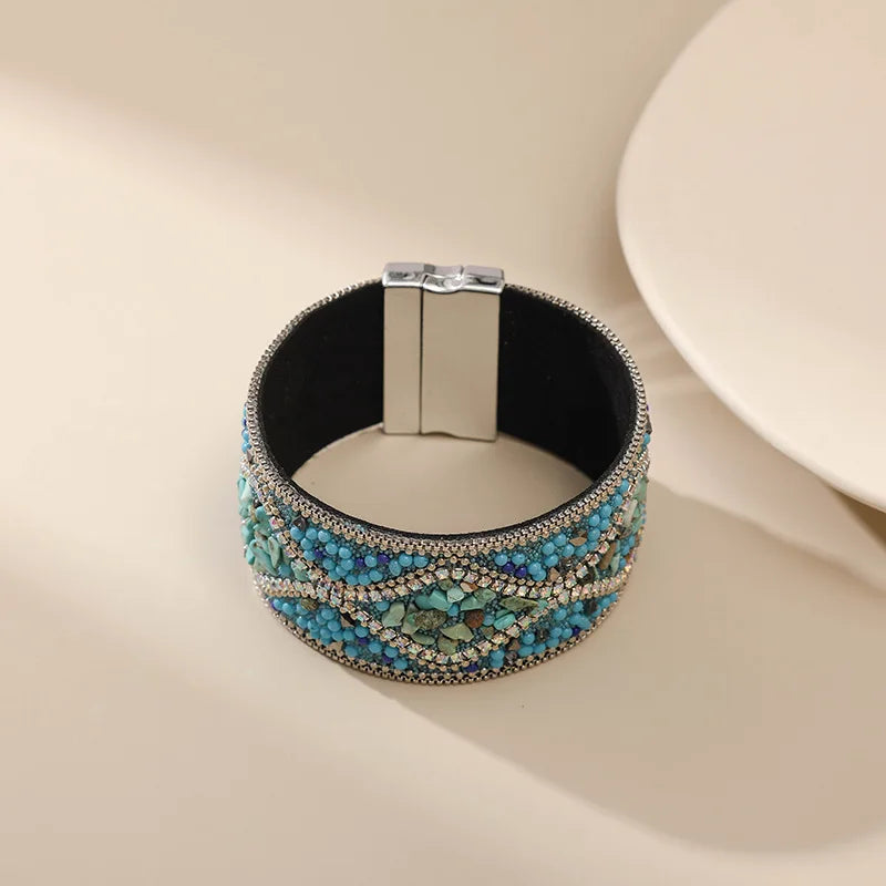 Handmade Indian Boho Bracelet – Rhinestone Cuff with Bohemian Charm