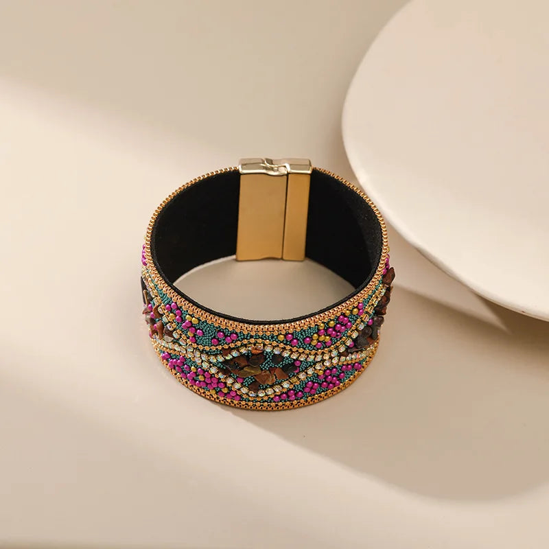 Handmade Indian Boho Bracelet – Rhinestone Cuff with Bohemian Charm