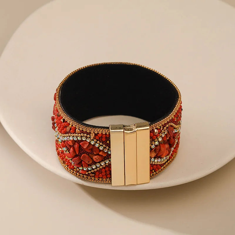 Handmade Indian Boho Bracelet – Rhinestone Cuff with Bohemian Charm